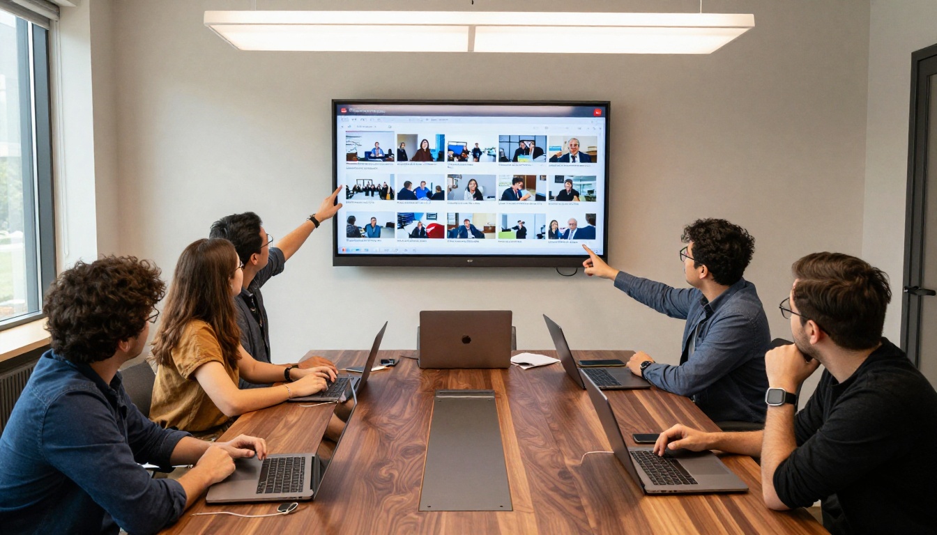 Creative agency team reviewing multimedia flipbook presentation on conference room screen
