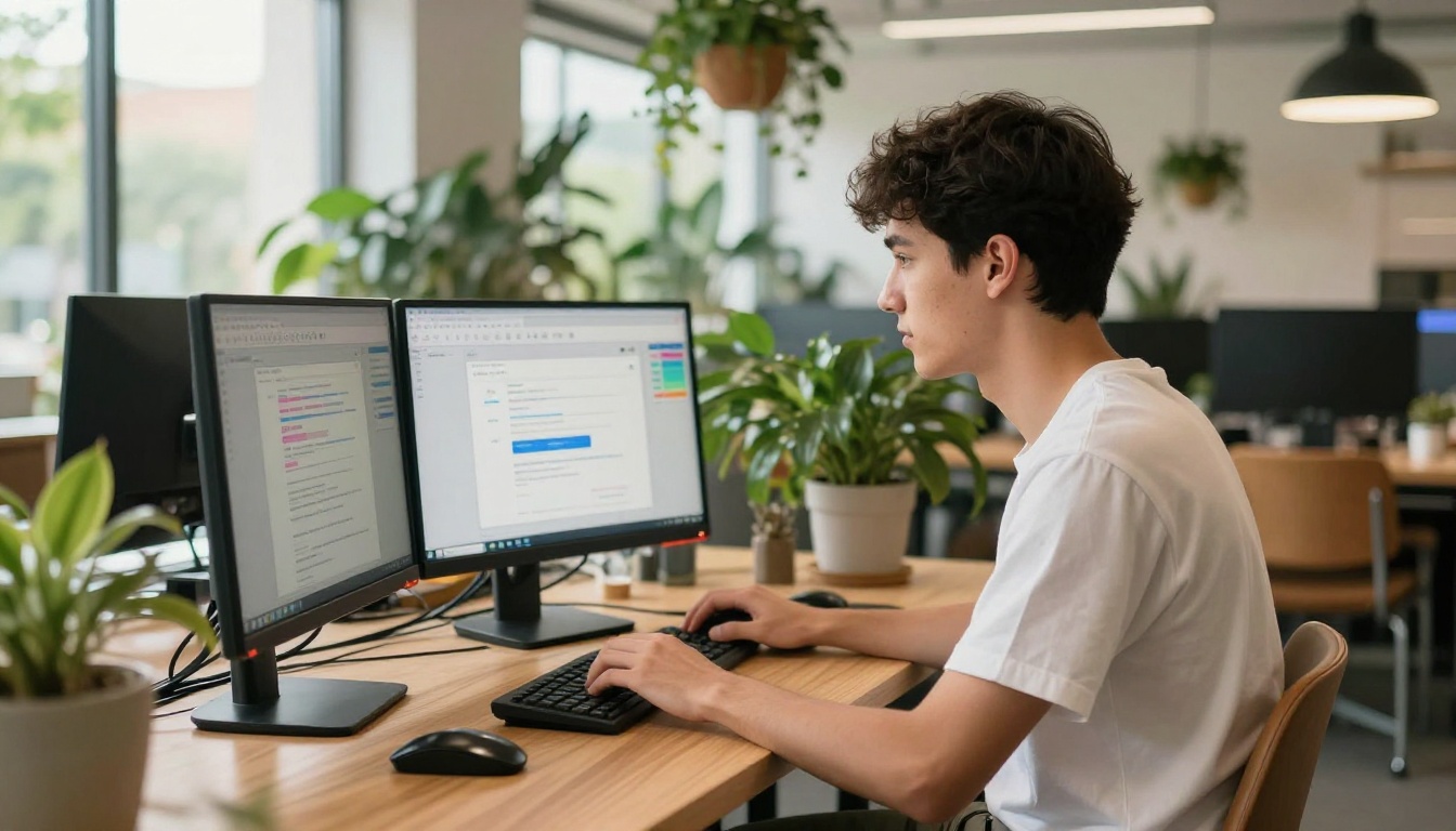 Young man uploading a PDF file at a standing desk with dual monitors in a bright coworking space Young man uploading a PDF file at a standing desk with dual monitors in a bright coworking space