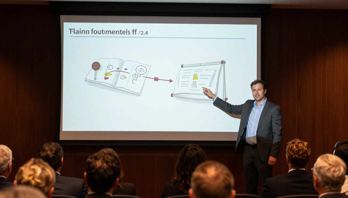 Business professional presenting animated flipbook presentation on large projection screen at corporate pitch event Business professional presenting animated flipbook presentation on large projection screen at corporate pitch event