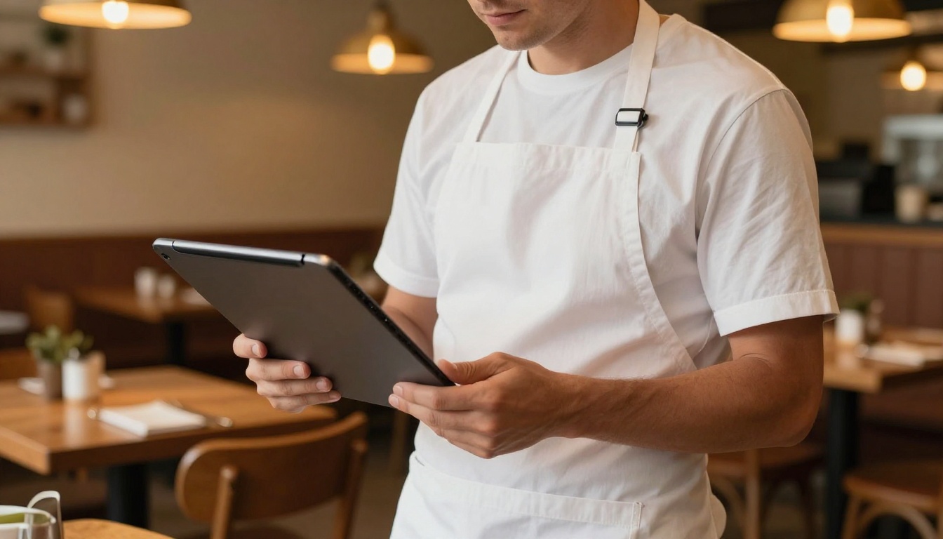 Restaurant owner holding a tablet with a digital menu in a warmly lit restaurant interior Restaurant owner holding a tablet with a digital menu in a warmly lit restaurant interior