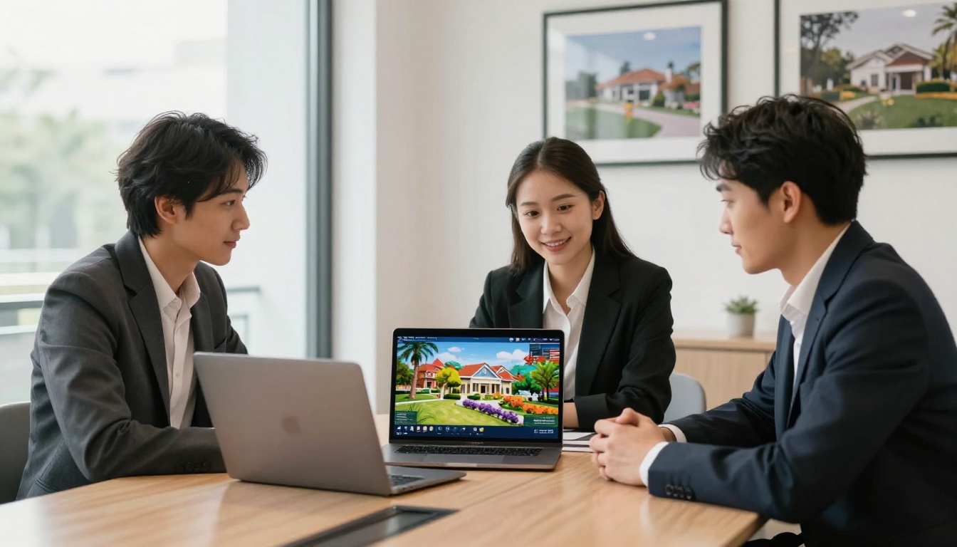 Real estate agent showing a flipbook on a laptop to a young couple at a conference table Real estate agent showing a flipbook on a laptop to a young couple at a conference table