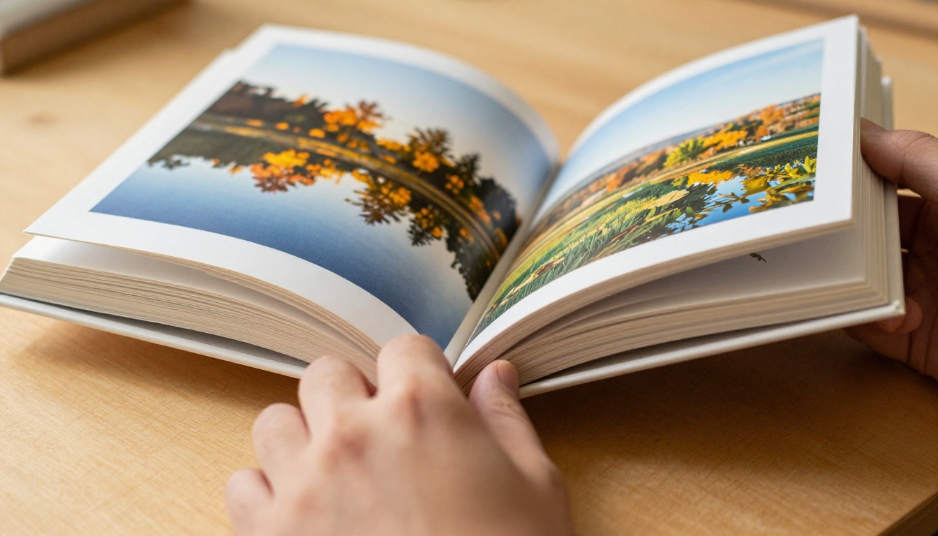 Open photography portfolio book with vibrant landscape photos and hands turning a page Open photography portfolio book with vibrant landscape photos and hands turning a page