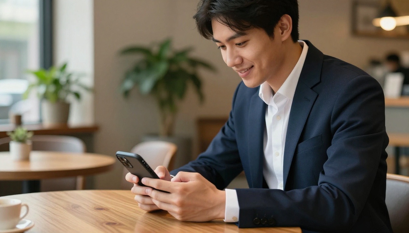 A young professional viewing his resume flipbook on a smartphone with a smile in a warm modern cafe