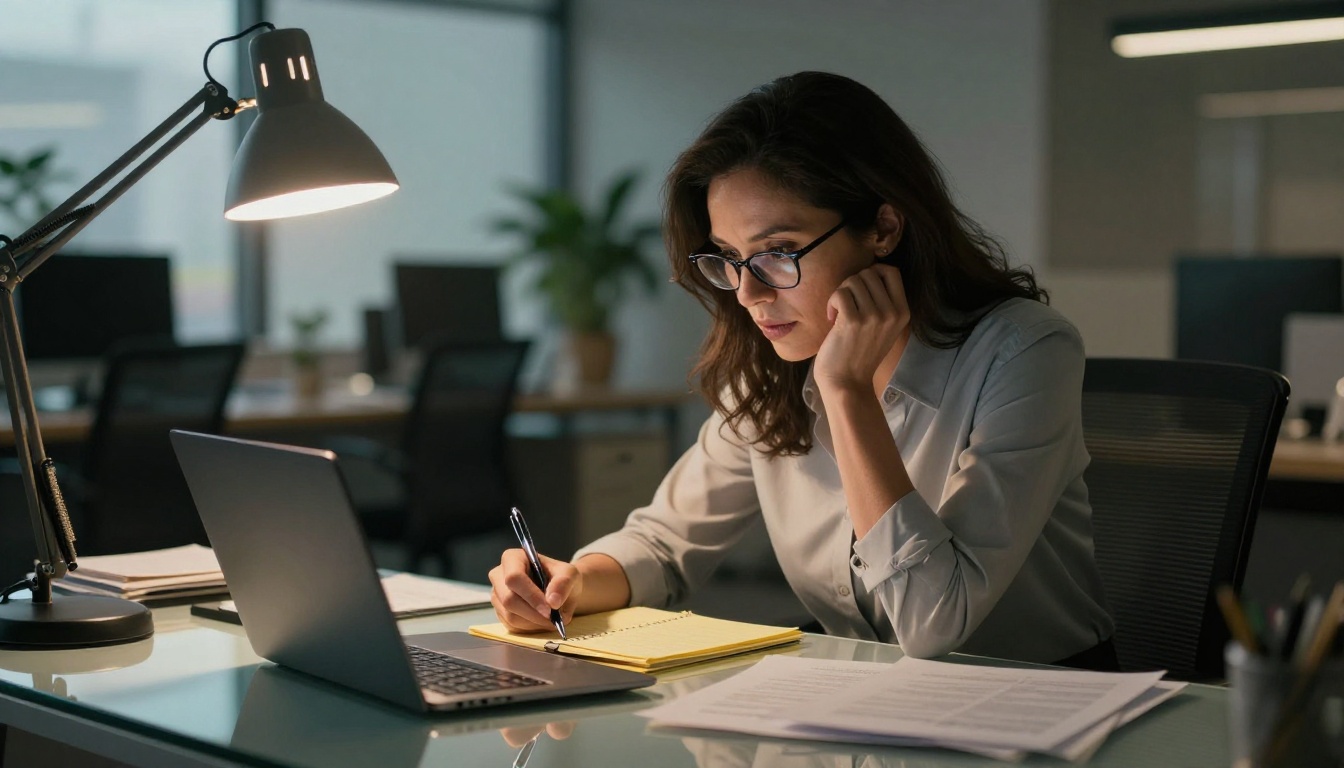 A recruiter leaning forward at a glass desk reviewing a candidate's materials with a notepad and pen