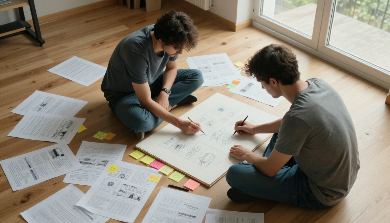 A man sketching a flipbook storyboard layout surrounded by notes and printed pages on a studio floor