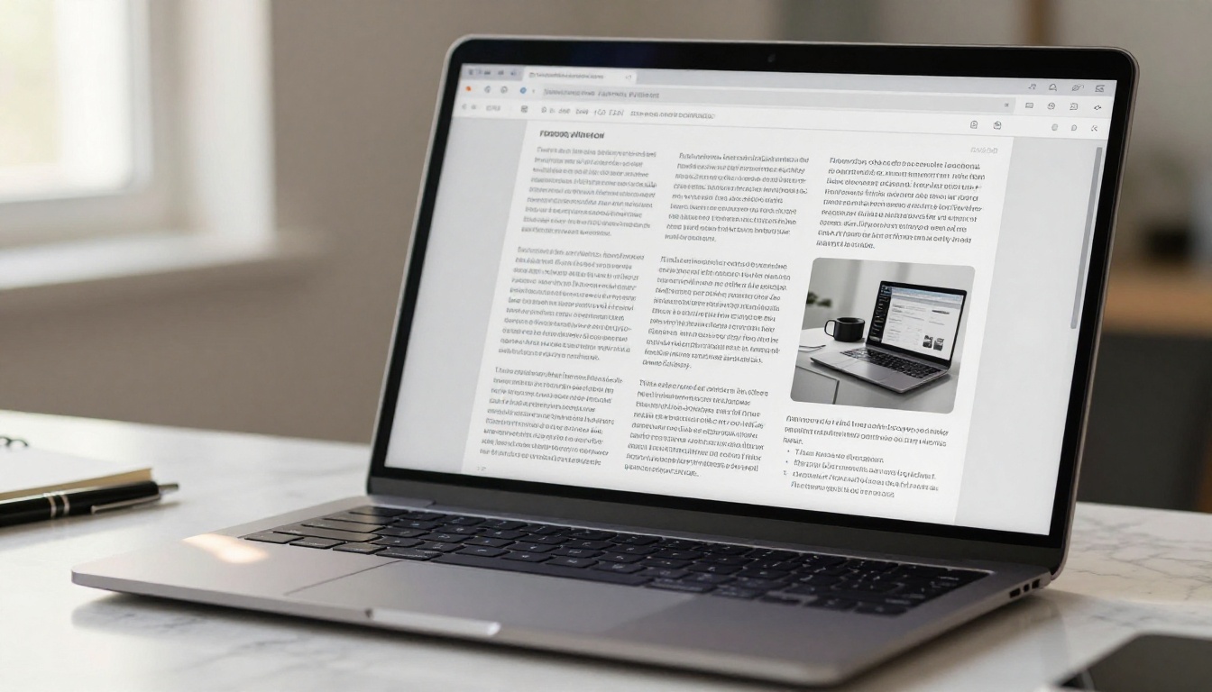 A close-up of a clean PDF document displayed on a laptop on a marble desk