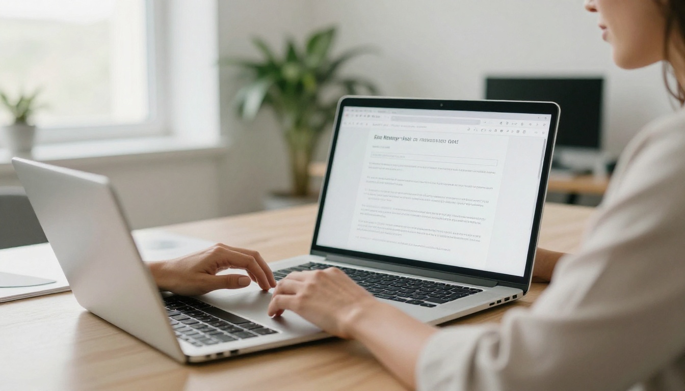 Businesswoman sending her flipbook resume link via email in a bright minimalist open-plan office