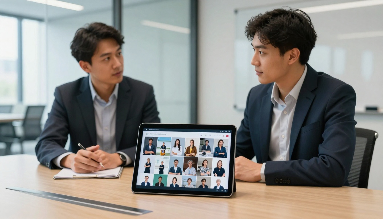 Young professional showing a tablet to an interviewer across a conference room table with glass walls