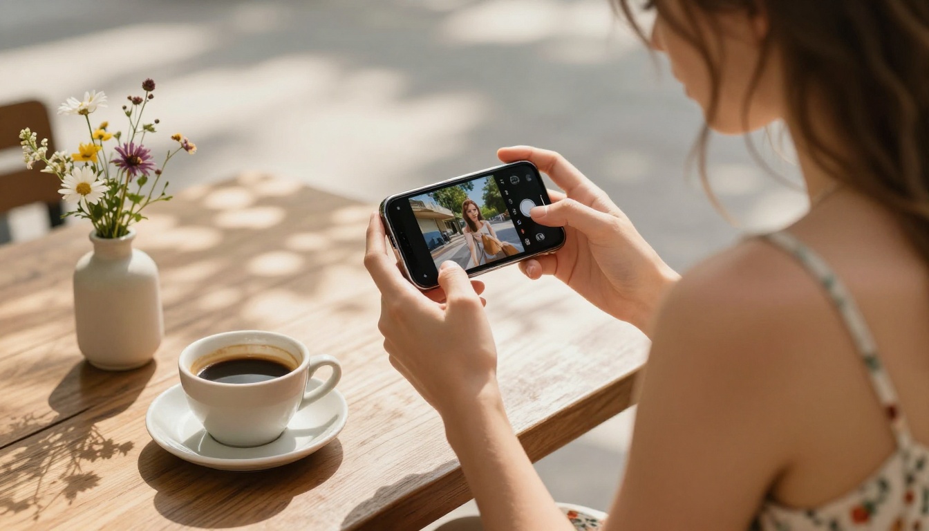 A woman at a sunny outdoor cafe viewing a digital flipbook on her smartphone