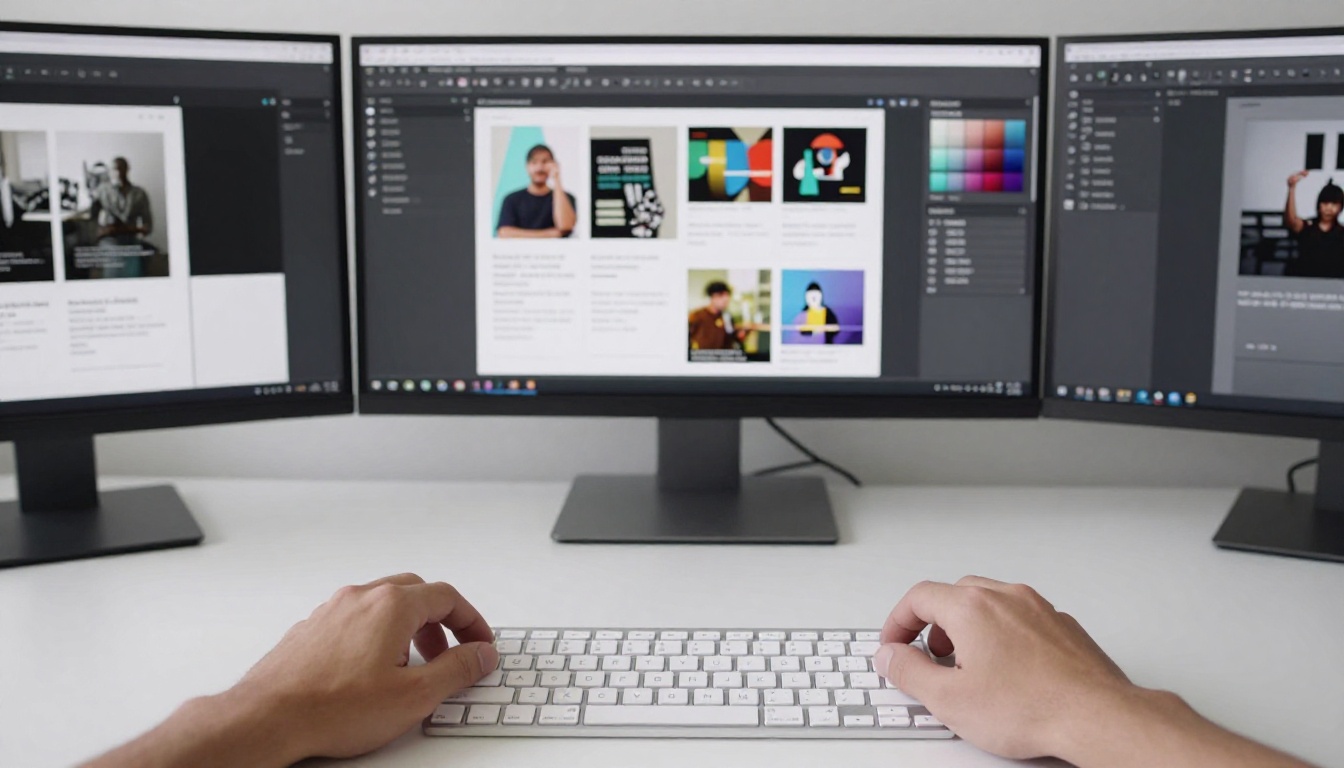 A graphic designer at a dual-monitor workstation with a flipbook customization interface on screen