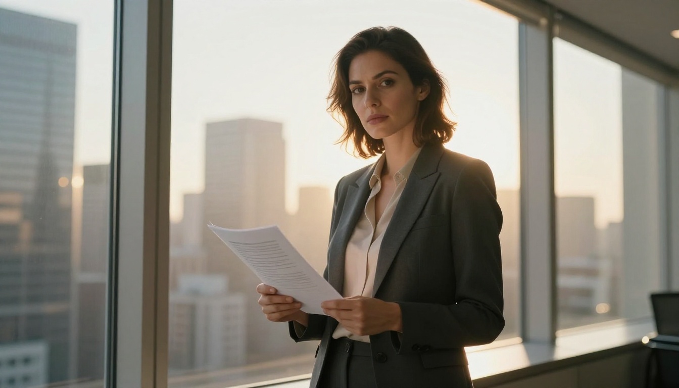 Confident professional woman standing beside a tall office window holding her resume with city skyline in soft focus