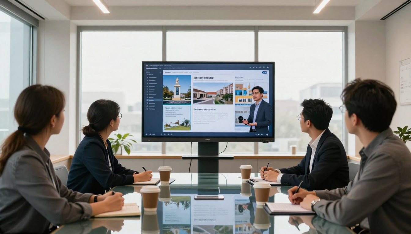 A marketing professional presenting a digital flipbook on a large TV screen to colleagues in a meeting room