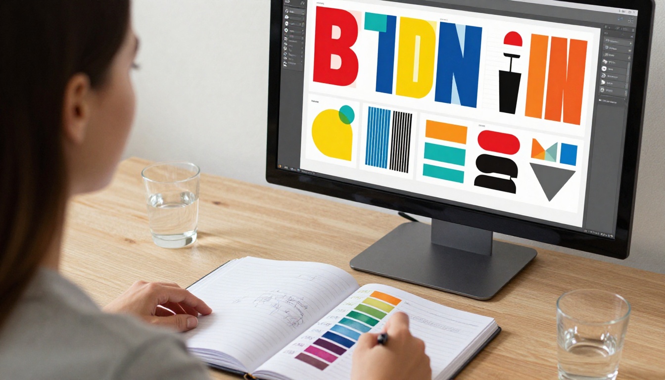 A designer reviewing a vibrant flipbook layout with color swatches and typography samples on a large monitor
