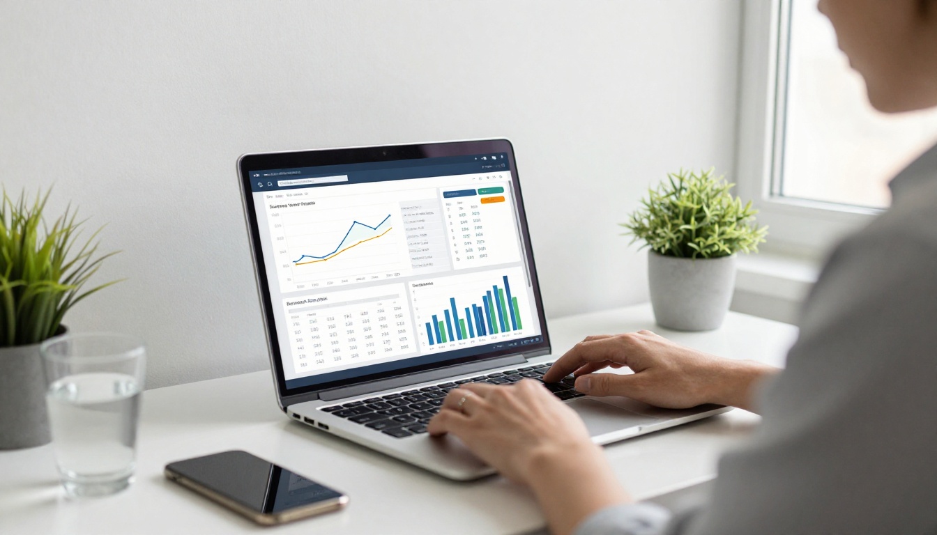 A business professional reviewing flipbook analytics on a laptop in a clean modern office