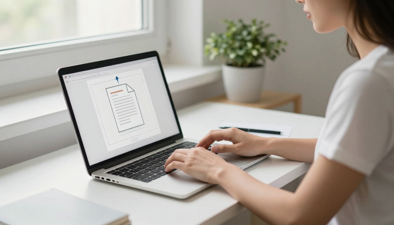 A focused woman uploading a PDF file to a flipbook platform on her standing desk