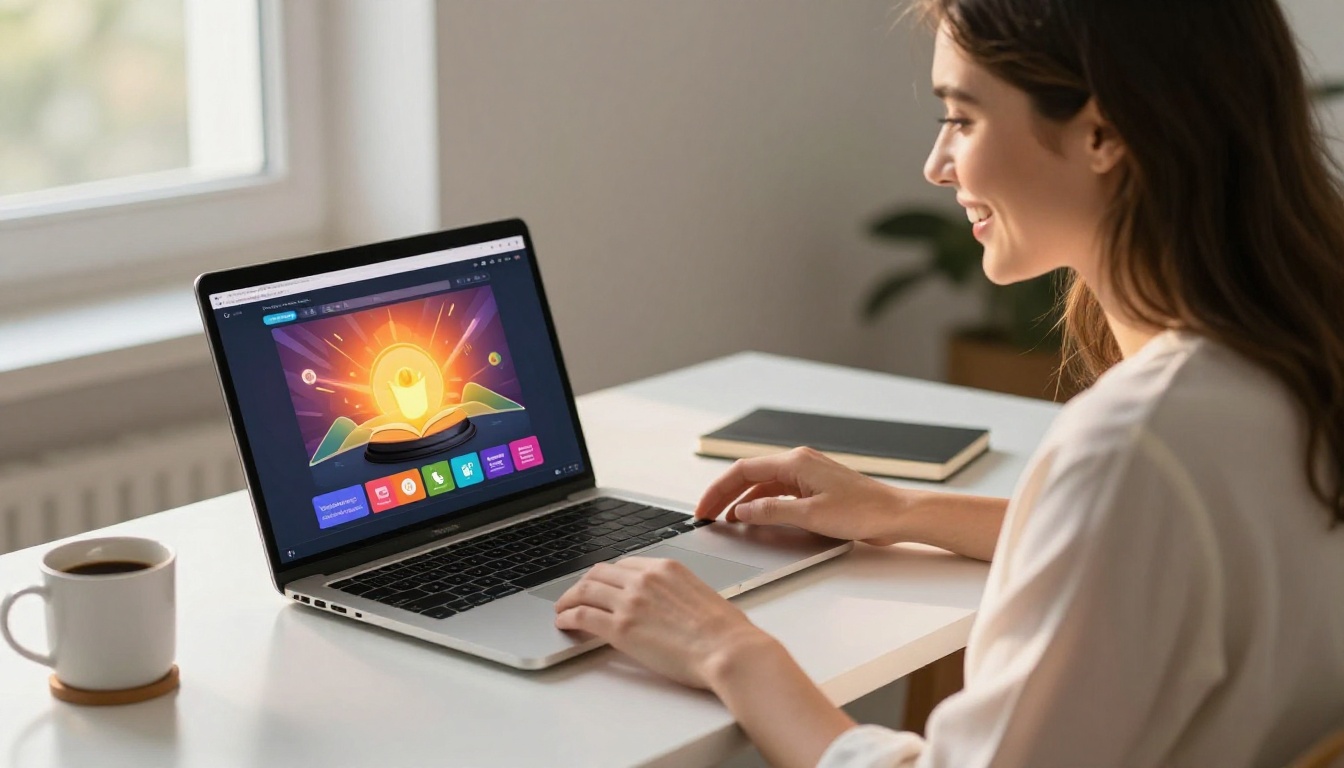 A happy professional smiling at a completed digital flipbook displayed on her laptop screen