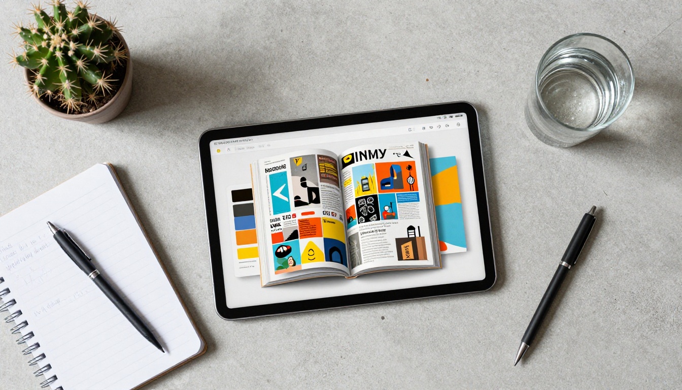 Aerial desk view with tablet showing colorful flipbook pages