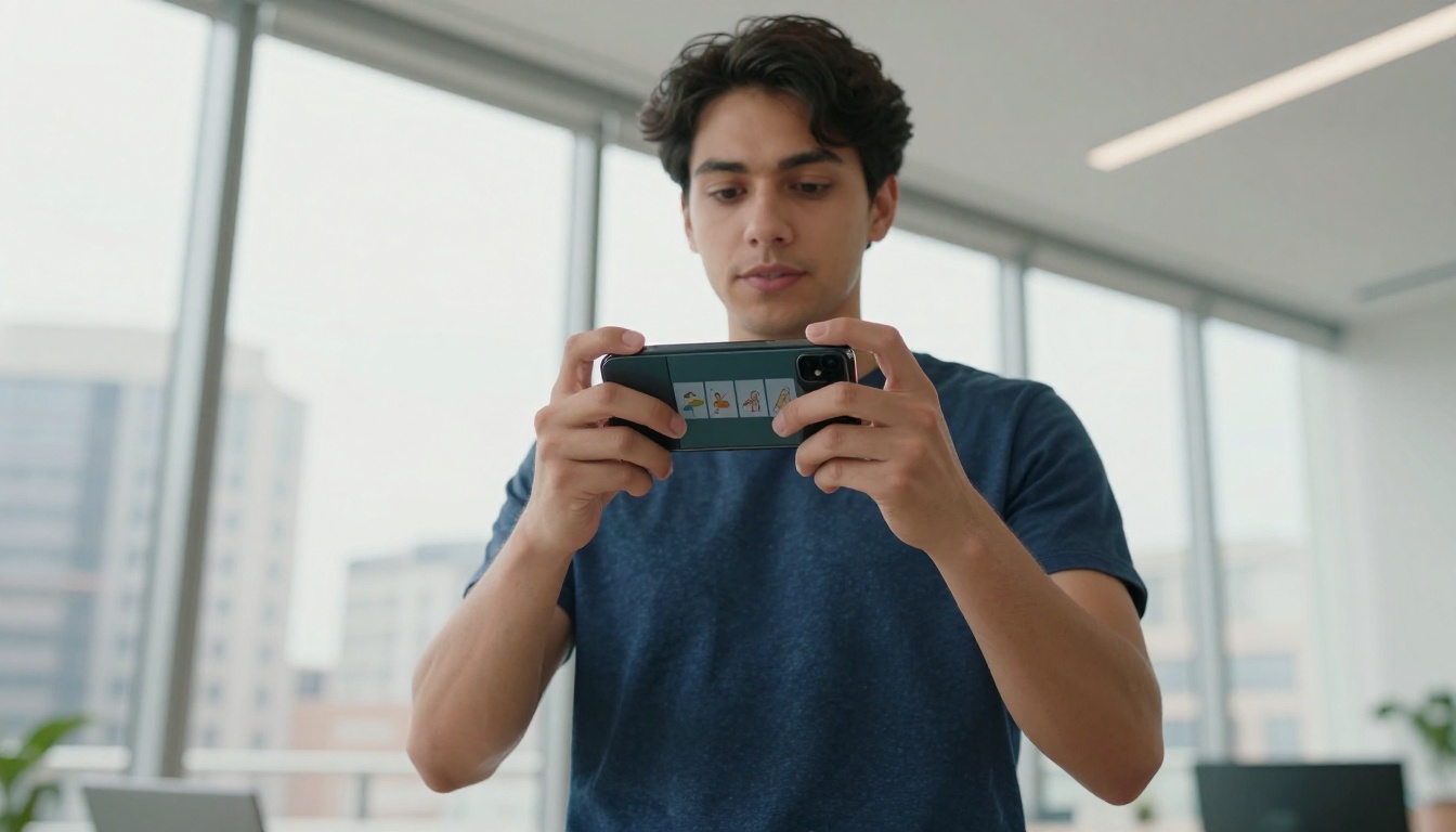 Young man holding smartphone showing flipbook interface