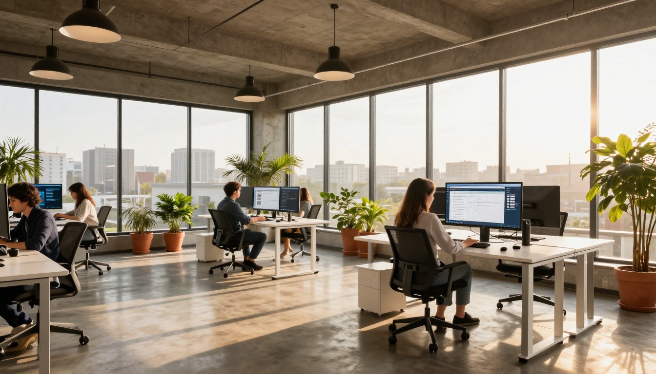 Open-plan office professionals working at standing desks with monitors