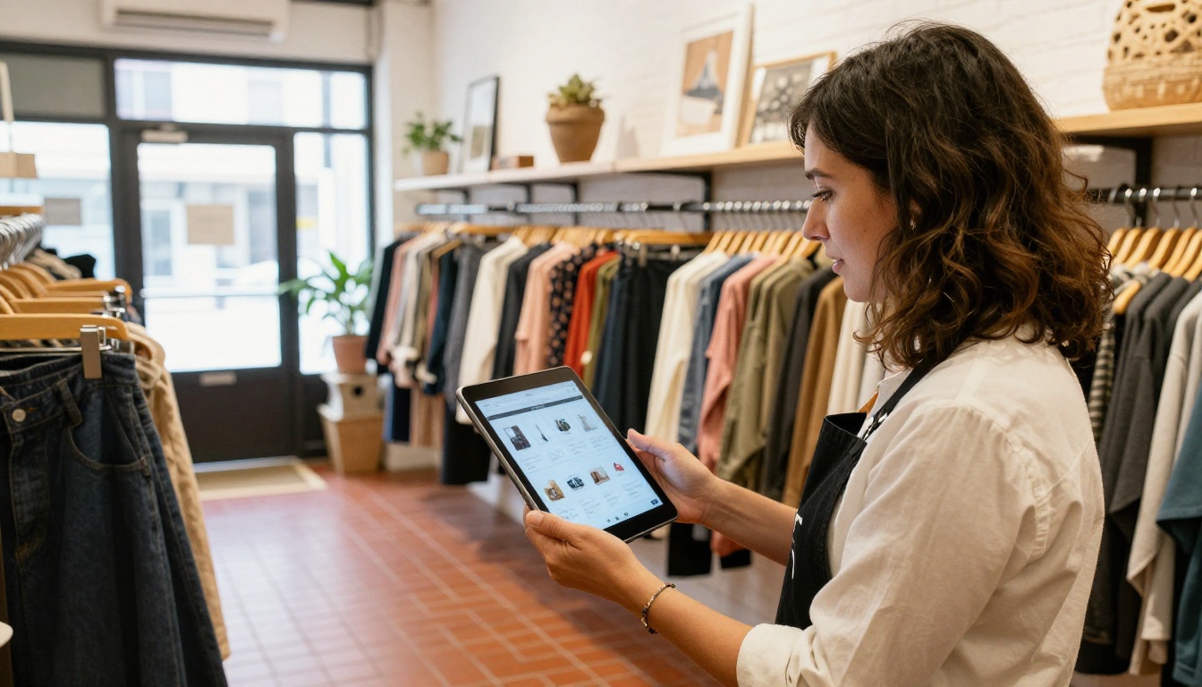 Small business owner showing tablet catalog to customer in boutique