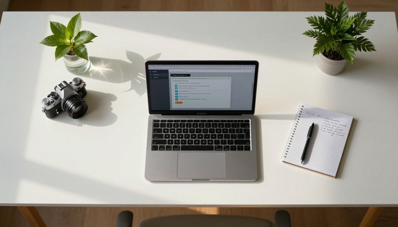 Aerial top-down view of desk with embed code on MacBook screen