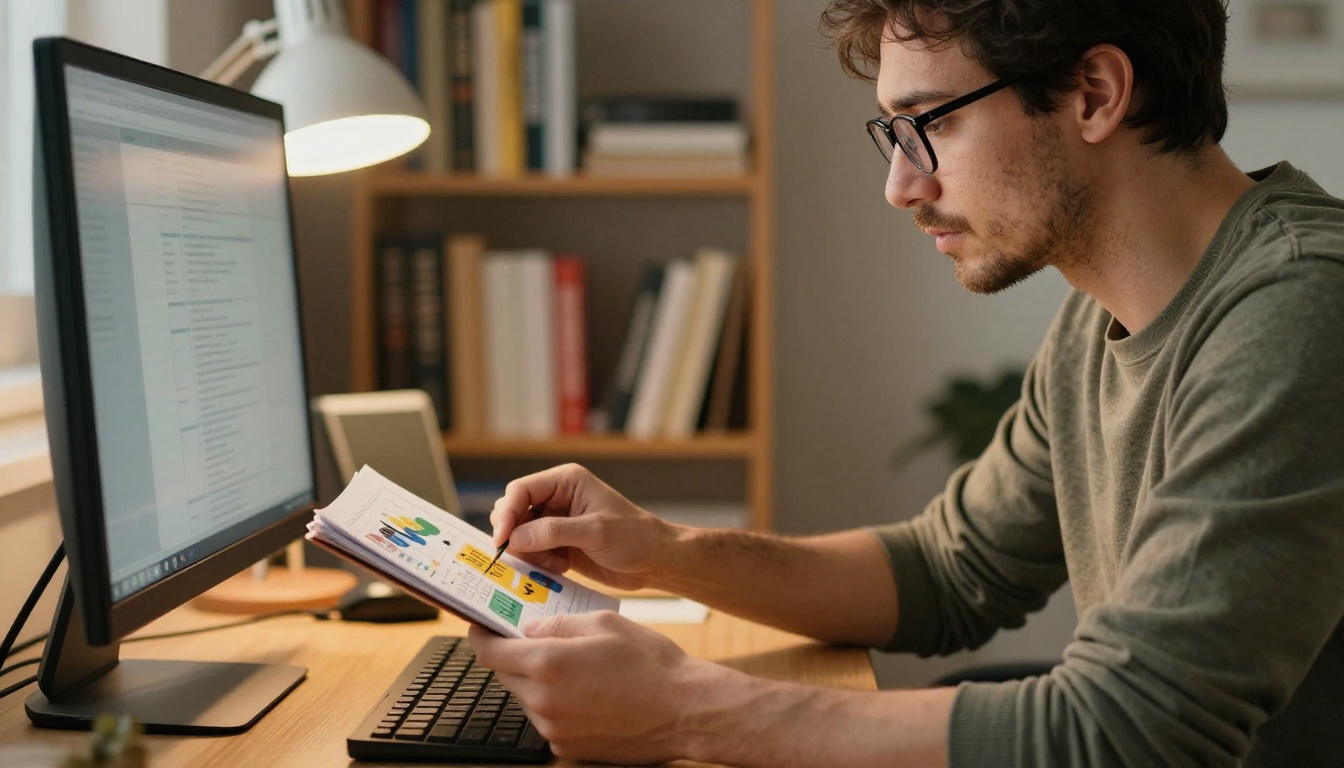 Man leaning over standing desk reviewing flipbook on monitor