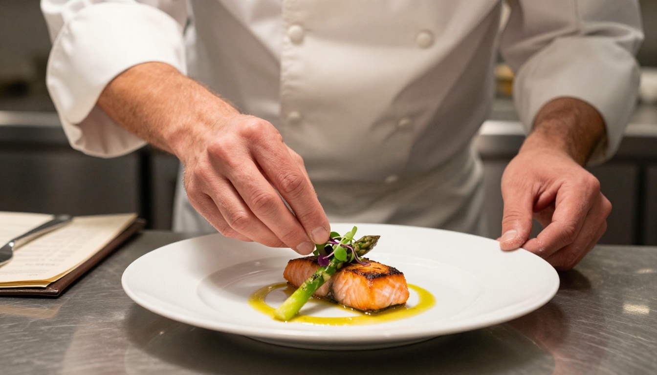 Chef carefully plating an elegant dish with microgreens beside a leather-bound restaurant menu