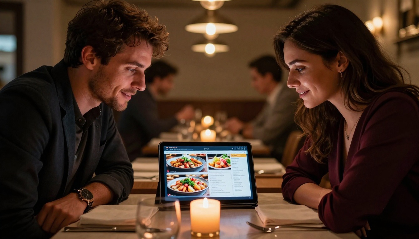 A couple browsing a digital interactive menu flipbook on a tablet at a candlelit restaurant table