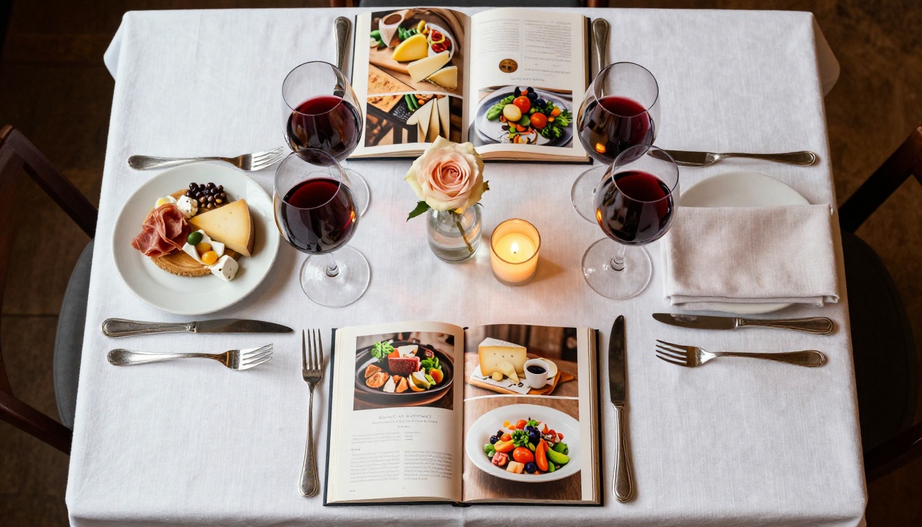 Aerial flat-lay of a fully set restaurant table with open menus, wine glasses, and antipasto