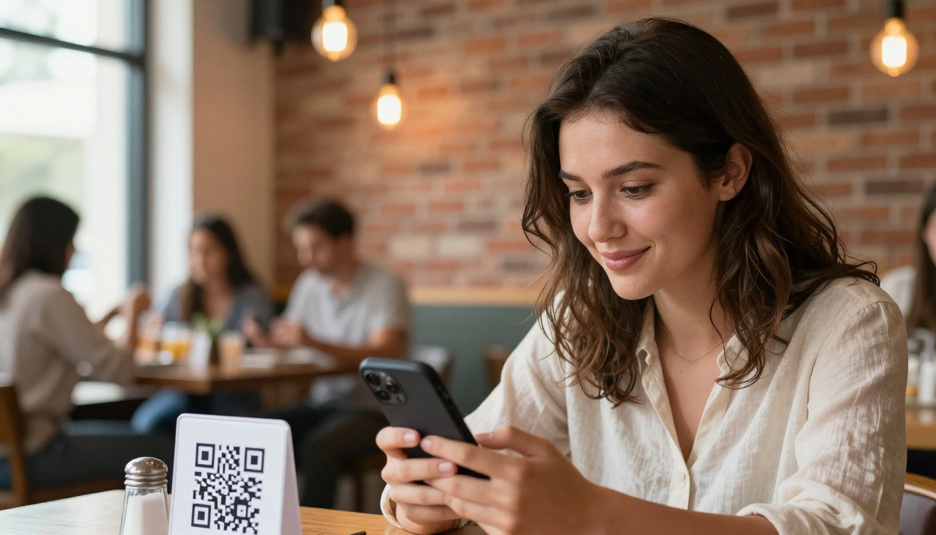 Young woman scanning a QR code card at a contemporary restaurant table