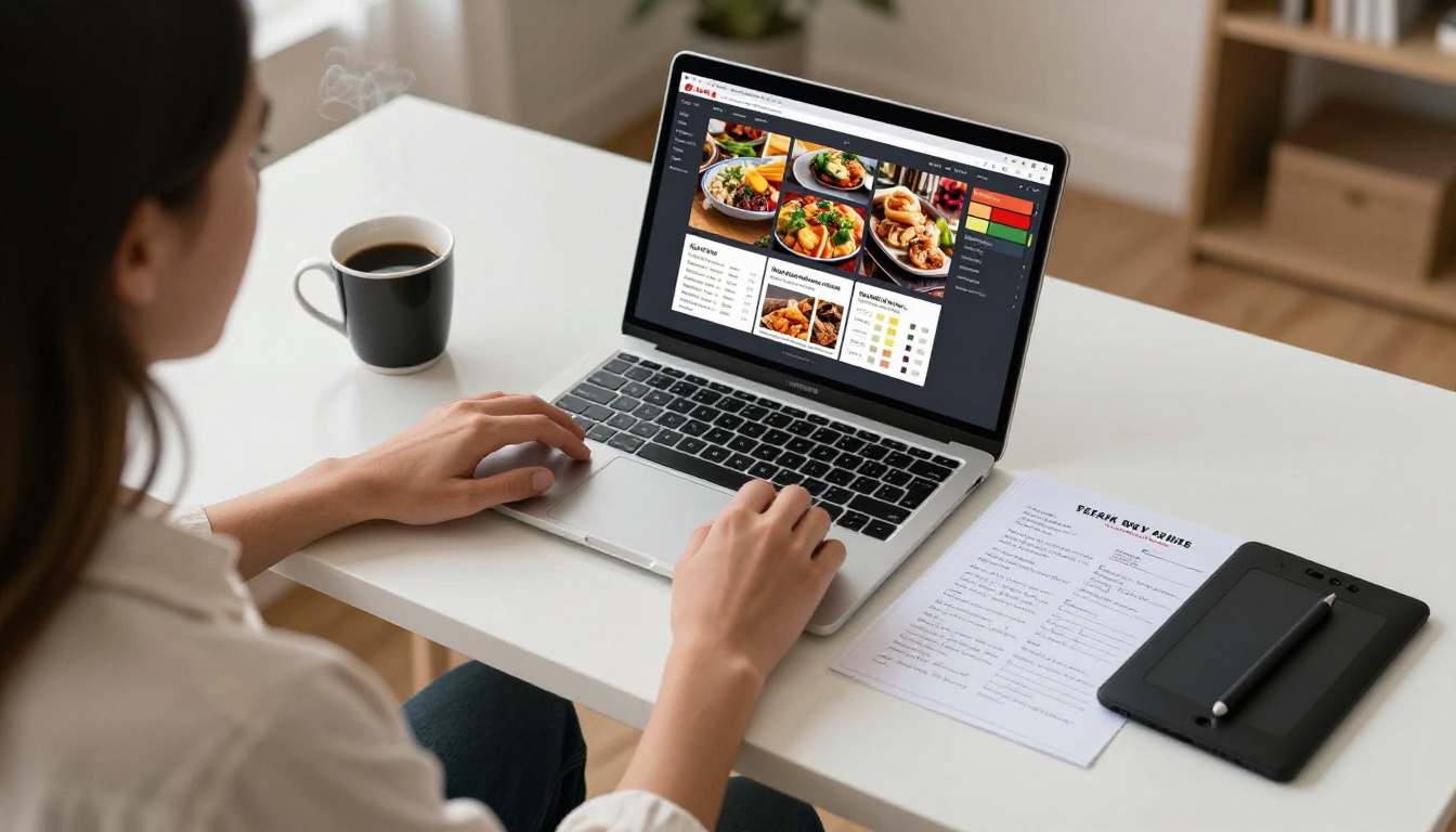 Graphic designer working on a restaurant menu layout on a laptop with printed drafts nearby