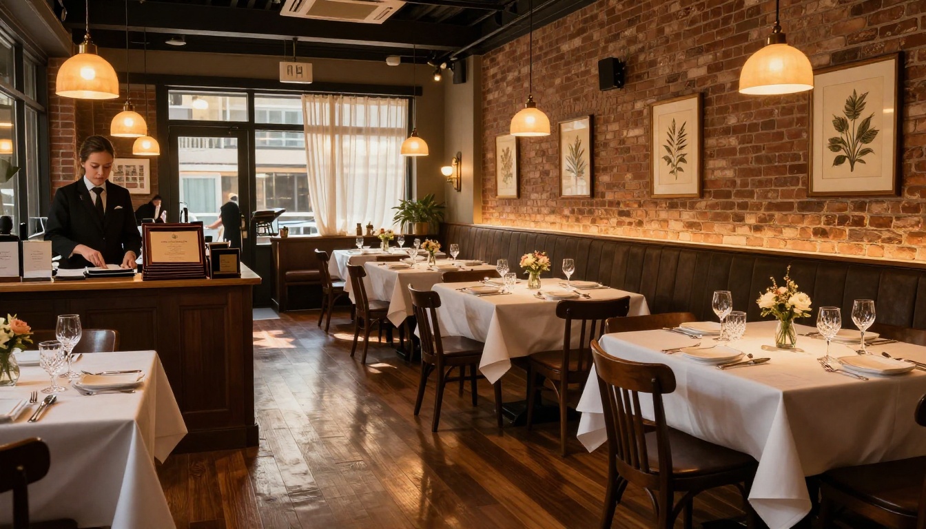 Upscale restaurant interior during evening service with white-linen tables and warm amber pendant lights
