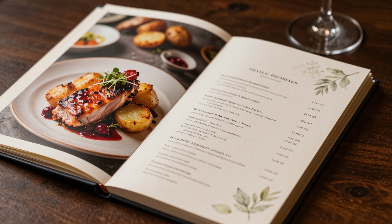 Close-up of elegantly printed restaurant menu pages showing food photography and serif typography