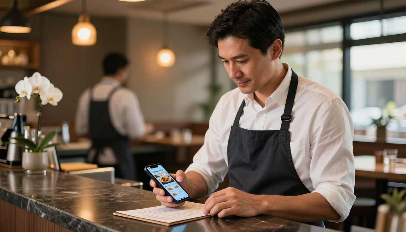 Restaurant owner reviewing his digital menu flipbook on a smartphone at the hostess counter