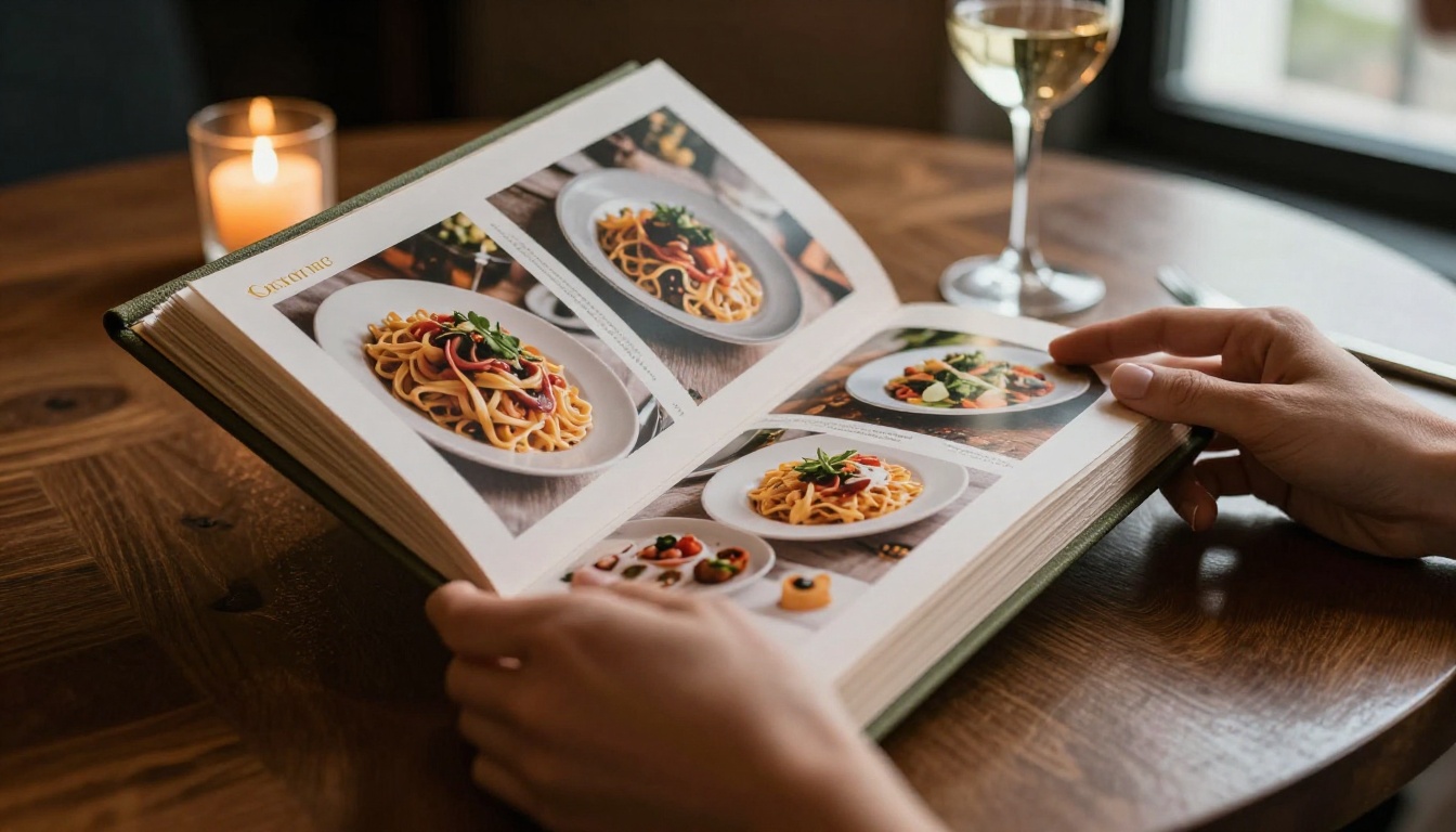 Woman's hands turning the page of a beautifully bound olive green restaurant menu on a teak wood table