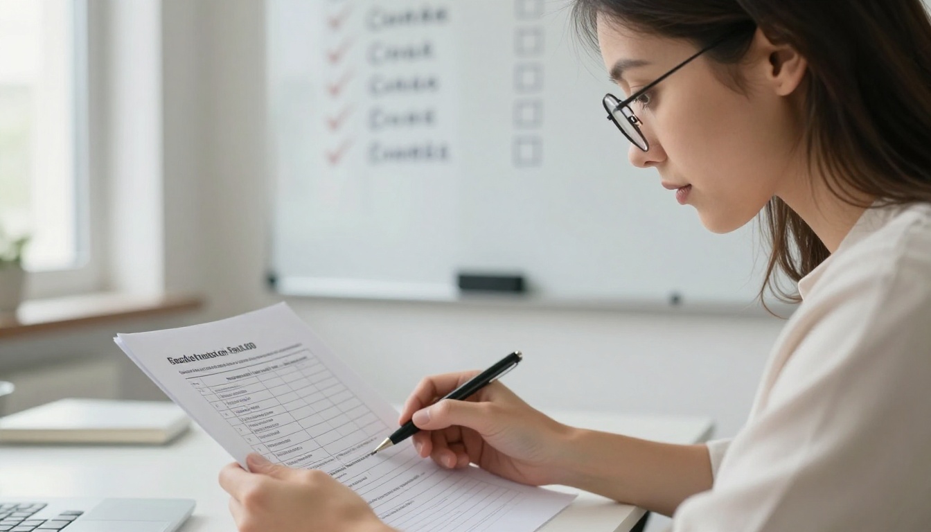 Businesswoman reviewing a feature comparison chart at a white desk