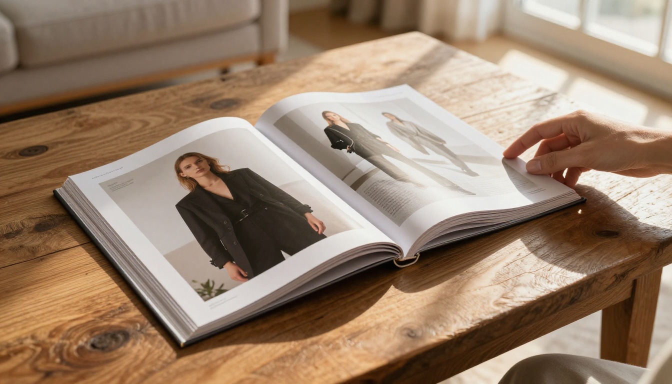 A beautifully designed digital fashion magazine flipbook open on a rustic wooden coffee table