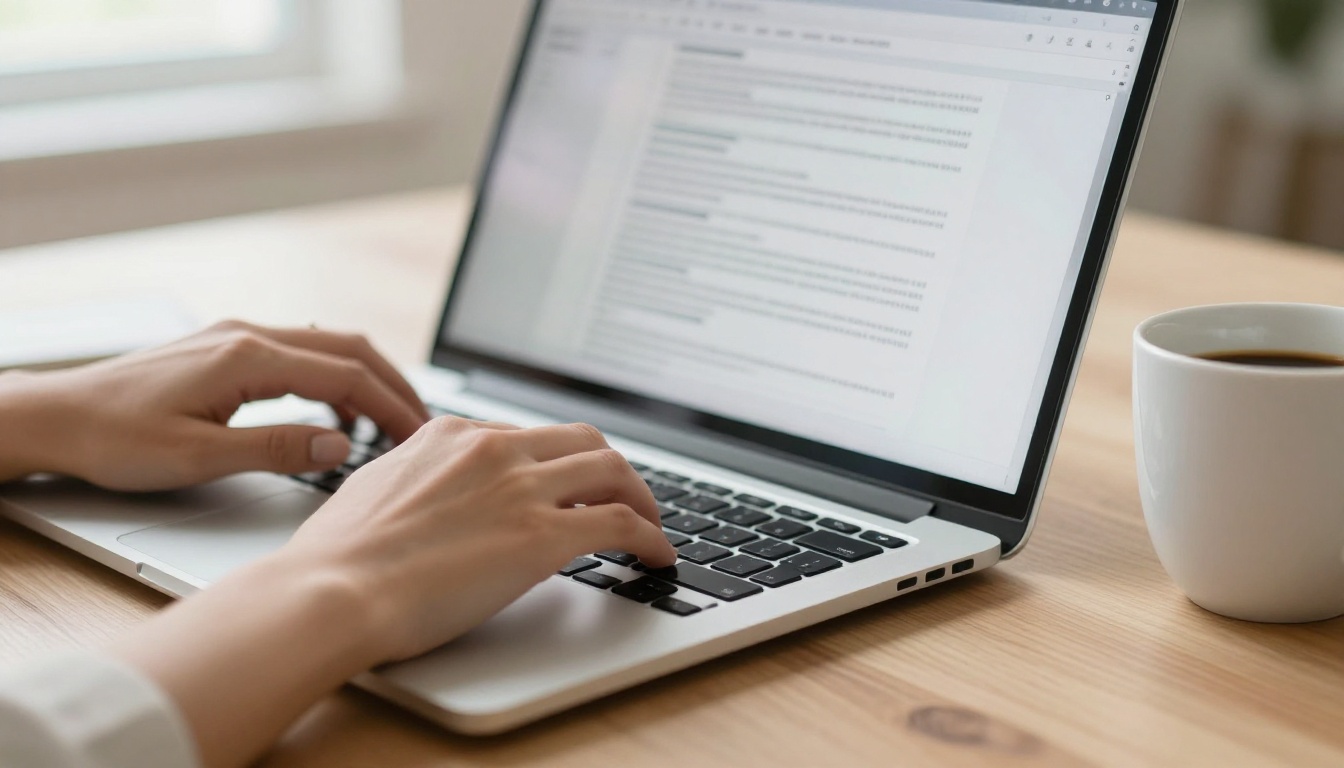 Close-up of hands typing on laptop with PDF document visible on screen Close-up of hands typing on laptop with PDF document visible on screen