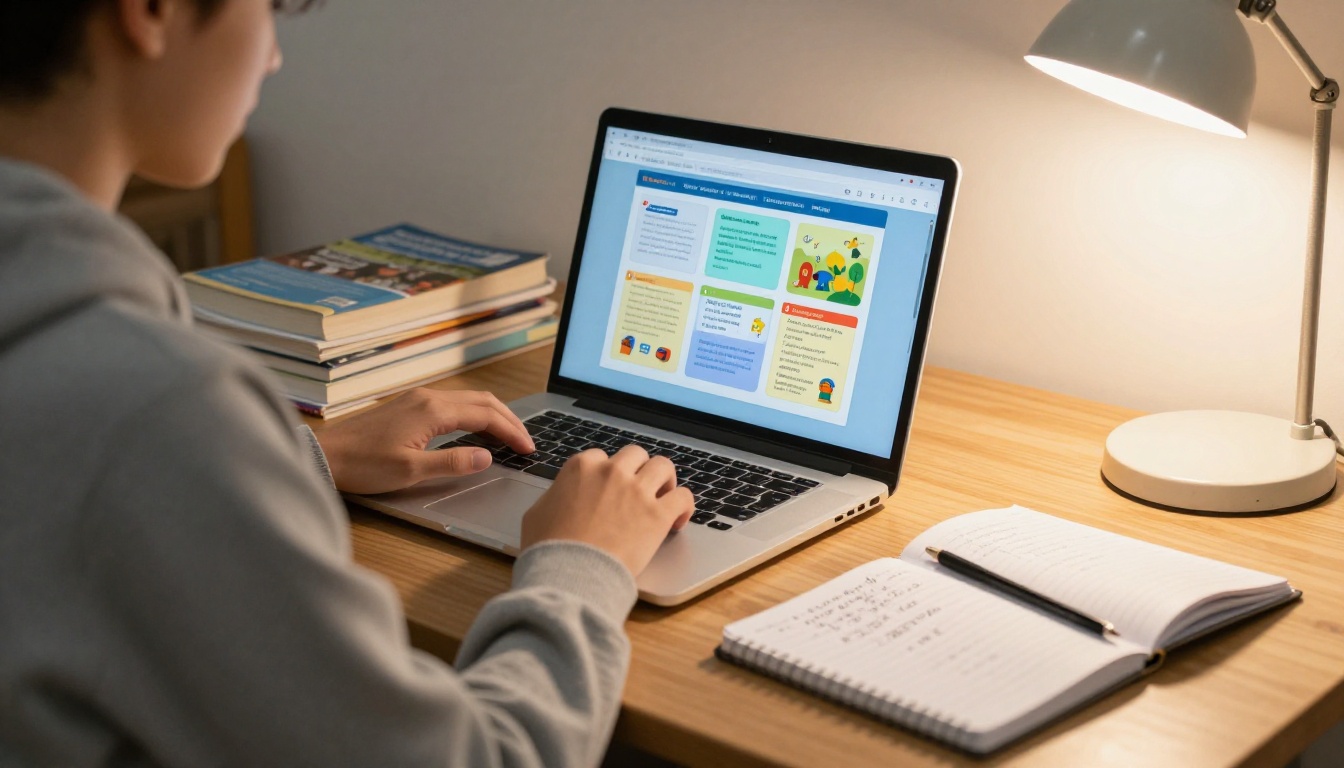College student using a flipbook tool on a laptop in a university library