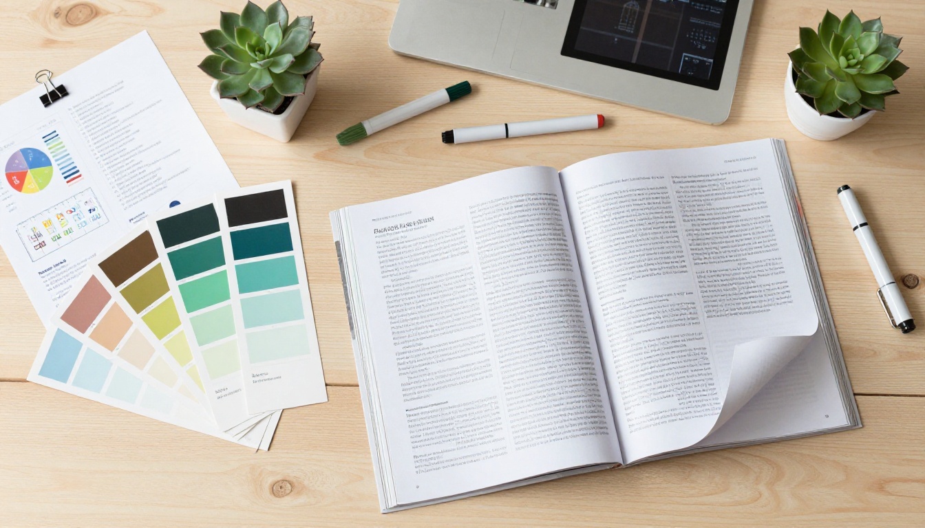 Aerial flat lay of creative workspace with color swatches tablet and design tools on oak wood desk Aerial flat lay of creative workspace with color swatches tablet and design tools on oak wood desk
