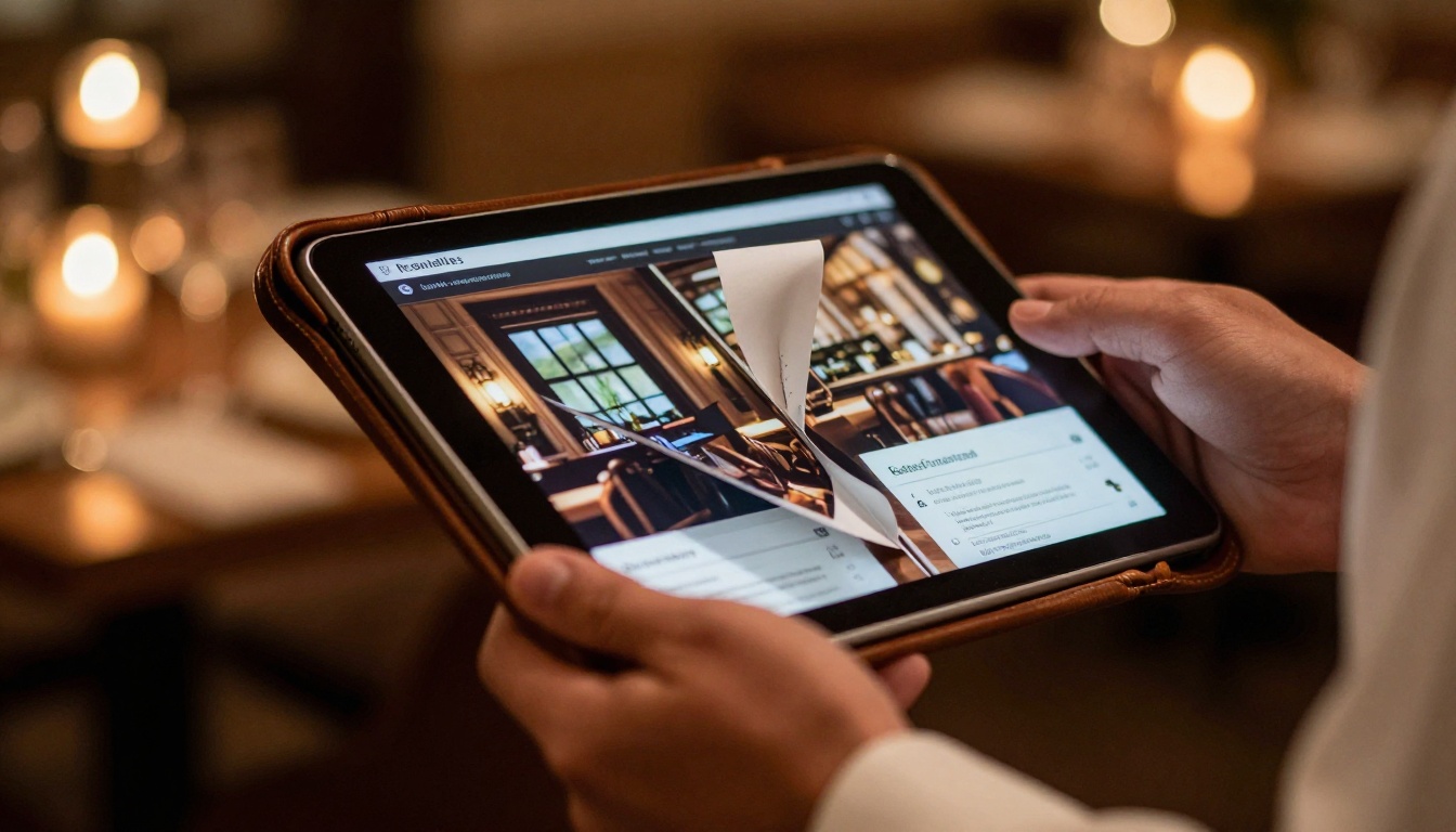 Waiter holding a tablet showing a restaurant menu as a digital flipbook with page curl animation