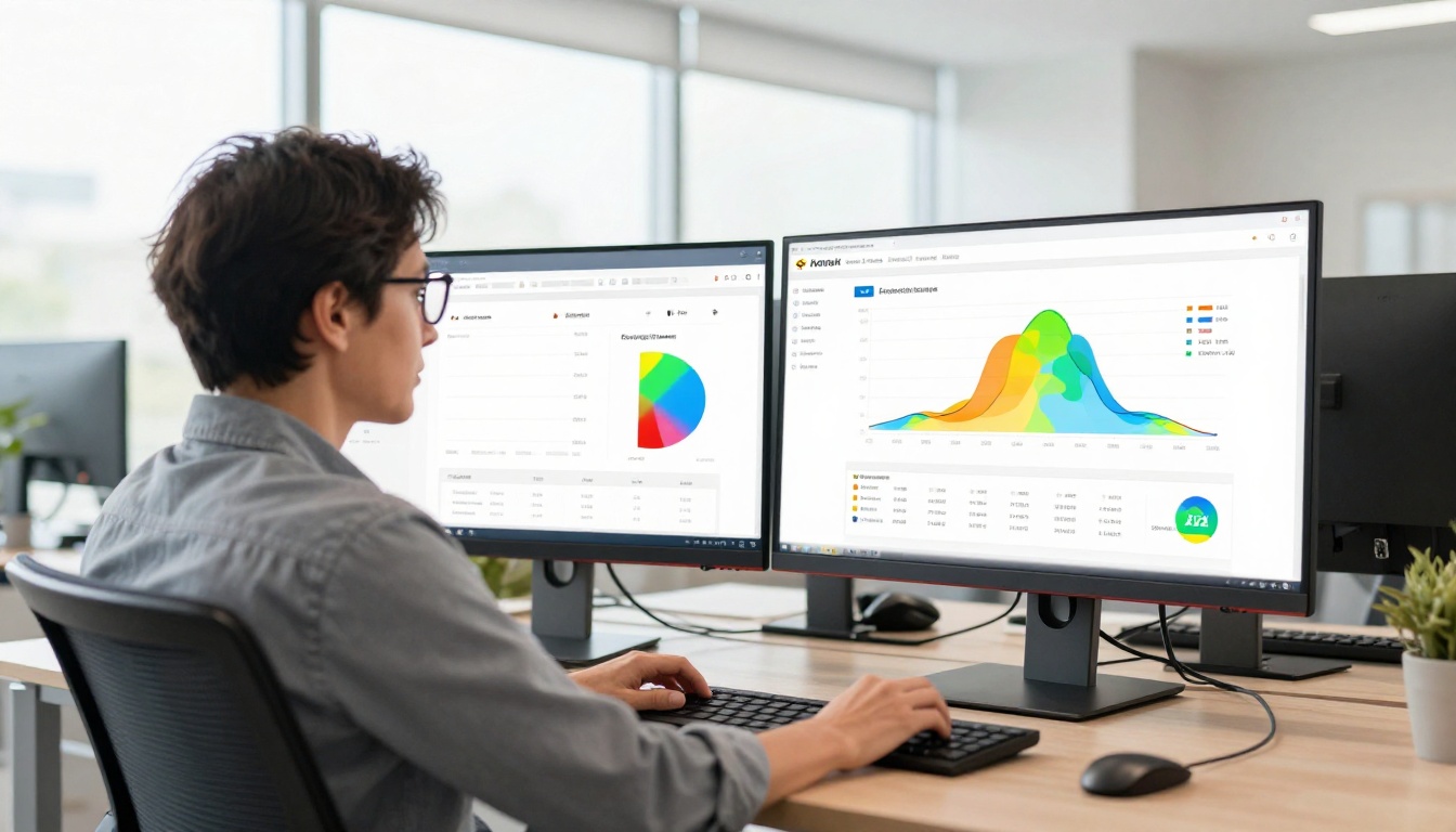 Marketing professional reviewing flipbook analytics on dual monitors in an open-plan office