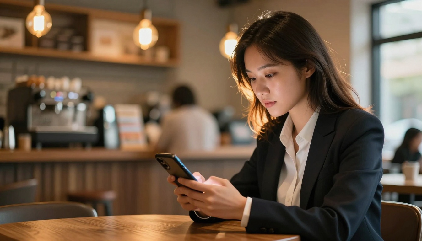 Young professional woman scrolling through colorful digital publication on smartphone in warm coffee shop Young professional woman scrolling through colorful digital publication on smartphone in warm coffee shop