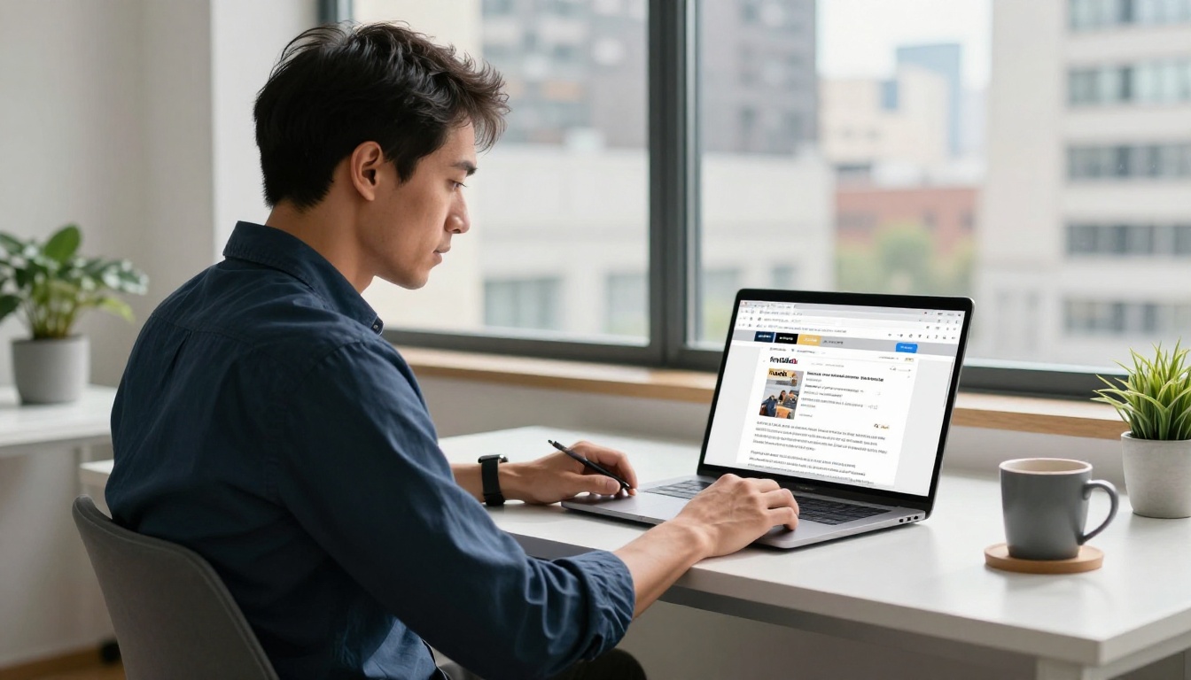 Professional reading email newsletter with digital magazine on laptop