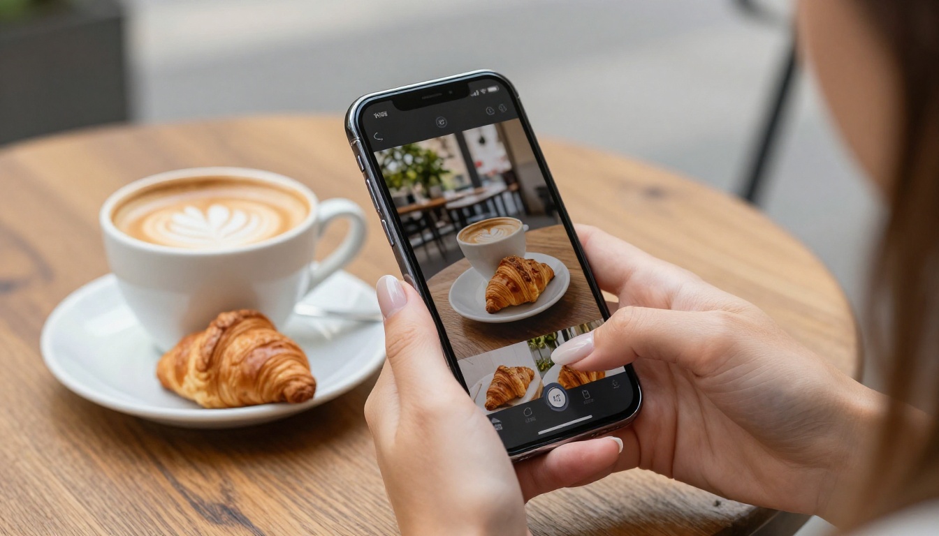 Woman's hands holding a smartphone showing a digital product catalog flipbook at an outdoor cafe