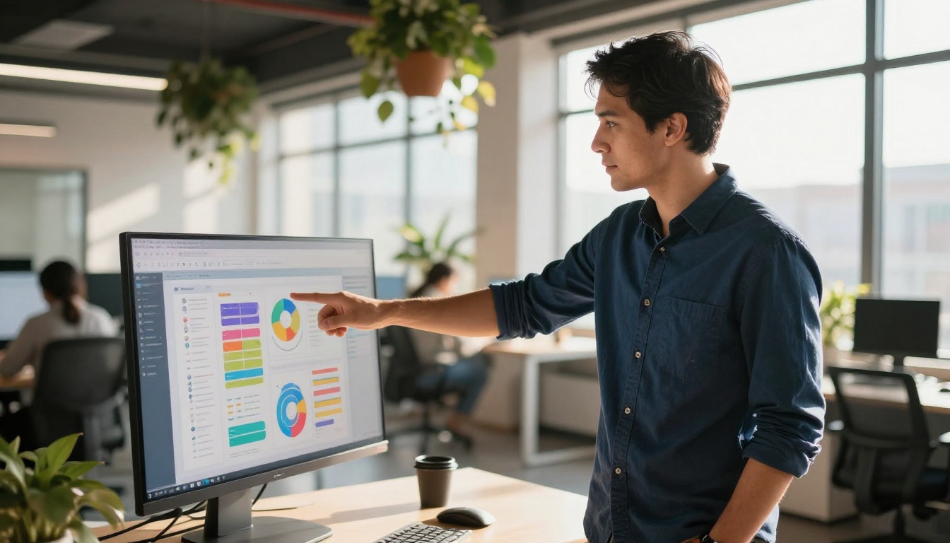 Professional man pointing at large monitor showing interactive digital publication in modern office Professional man pointing at large monitor showing interactive digital publication in modern office
