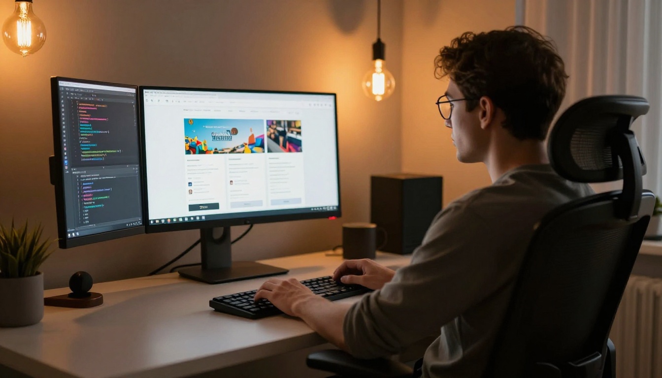 Web developer reviewing a website with an embedded flipbook widget on an ultrawide curved monitor