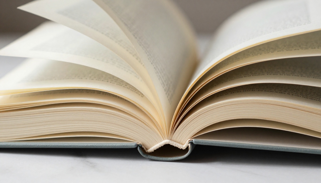 Open hardcover book with pages caught mid-turn showing paper texture detail Open hardcover book with pages caught mid-turn showing paper texture detail