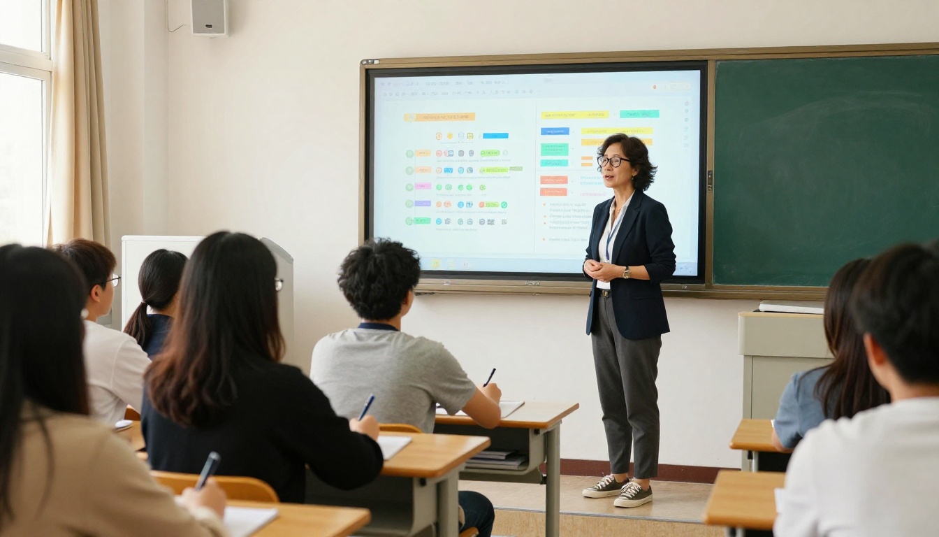 Female educator presenting colorful digital flipbook on large screen to engaged students in classroom Female educator presenting colorful digital flipbook on large screen to engaged students in classroom