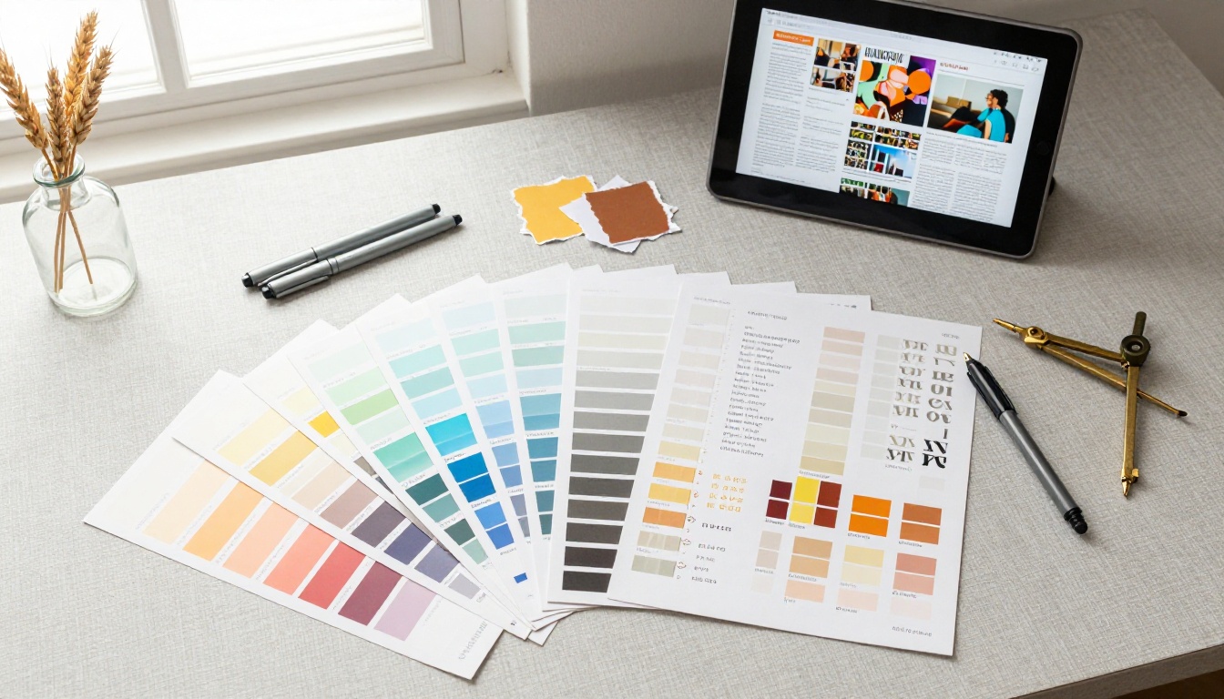 Designer workspace flat lay with color palettes typography samples and tablet showing magazine layout Designer workspace flat lay with color palettes typography samples and tablet showing magazine layout